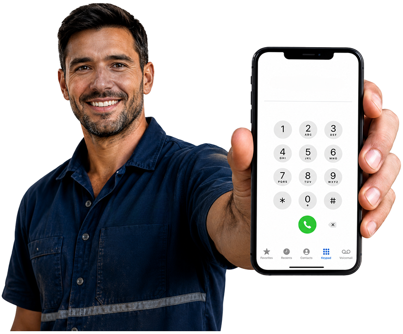 Camperdown Blocked Drains plumber holding a phone — call 1300 261 965