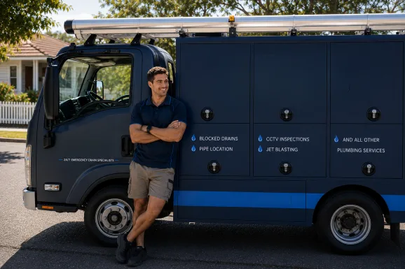 Plumber standing beside a service van in Camperdown