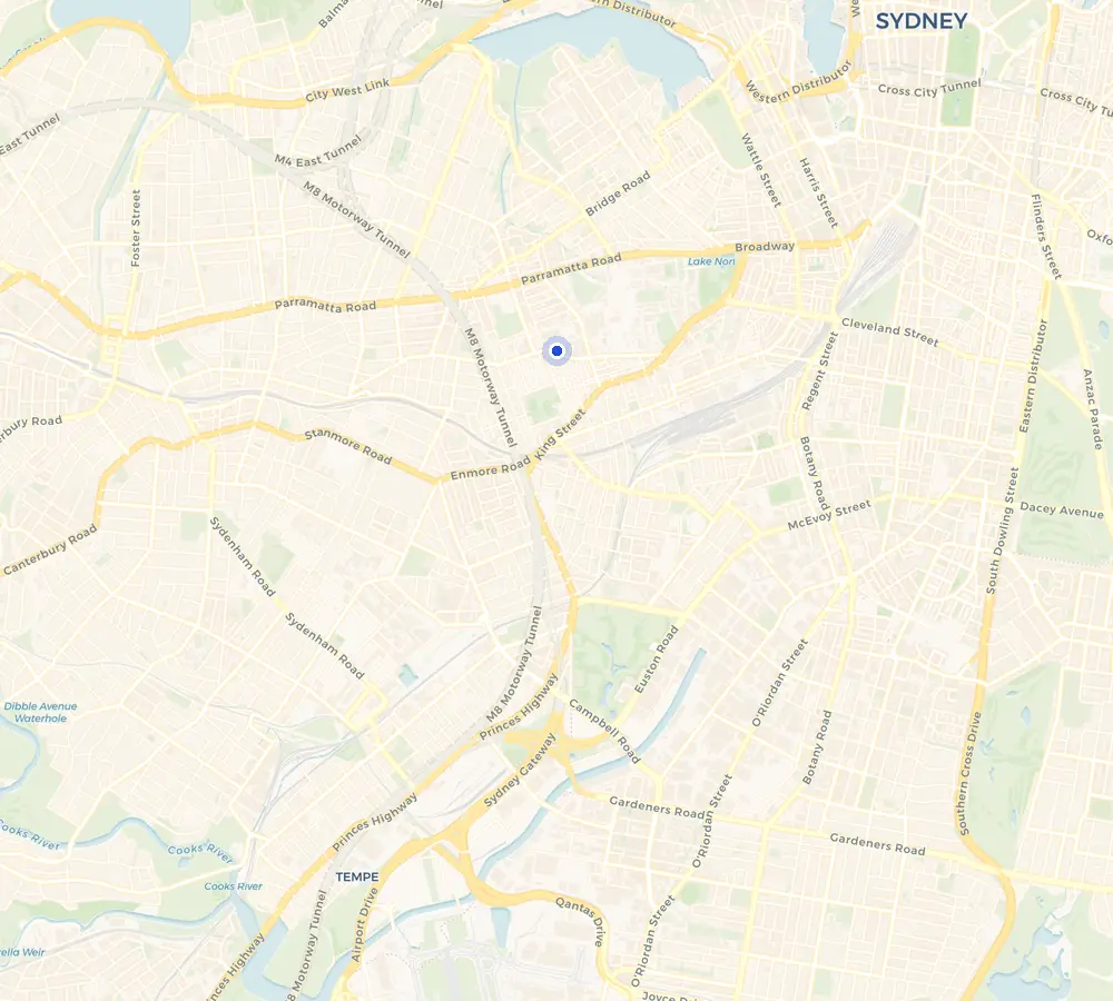Map of the Camperdown service area and the surrounding Inner West, showing Camperdown and the nearby streets we cover.