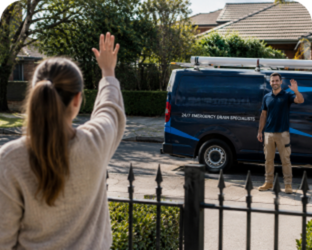 Customer waving goodbye to a Camperdown Blocked Drains plumber